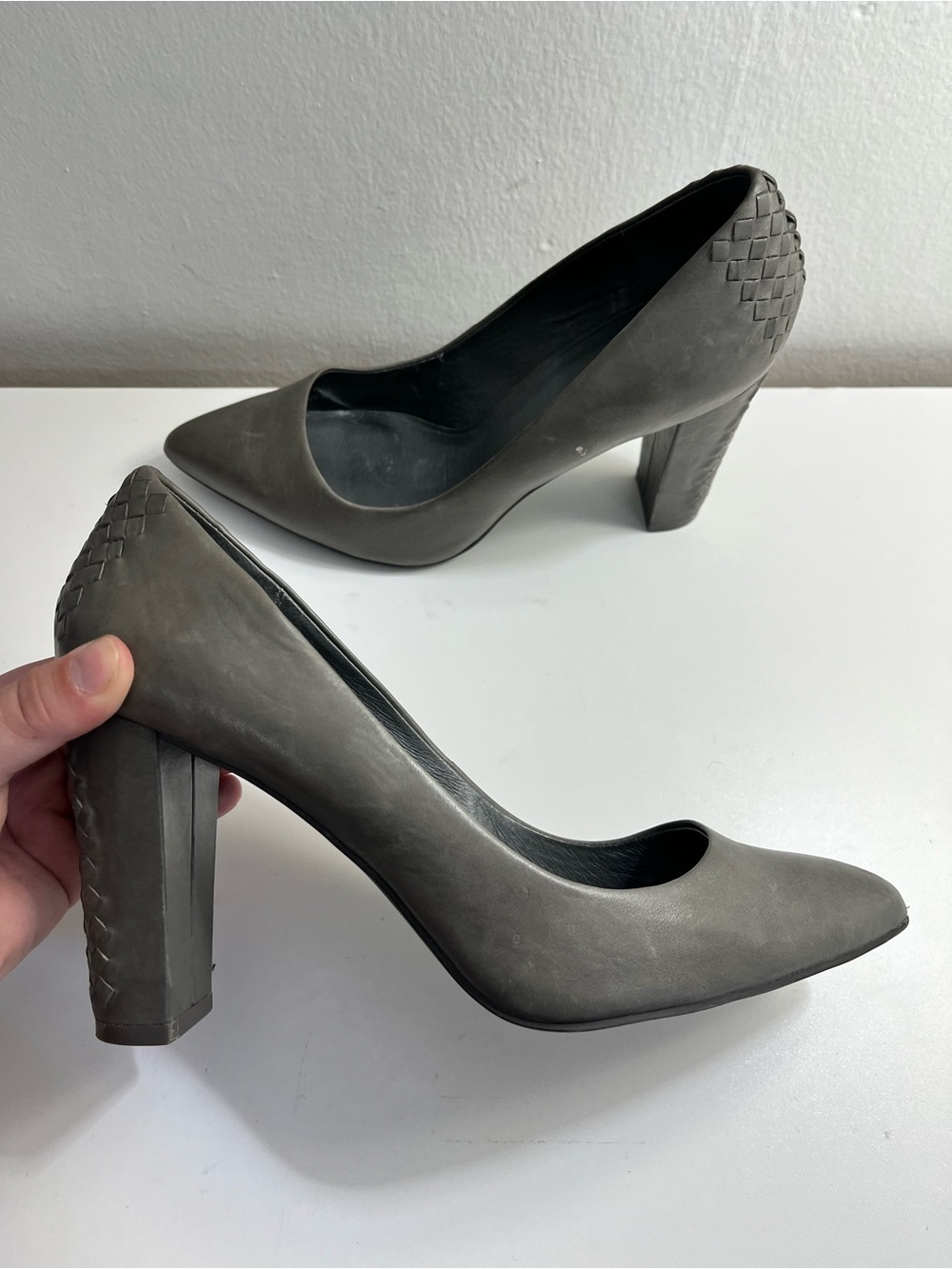 Elliott Lucca Grey Leather Woven Block Heel Pumps Size 9.5